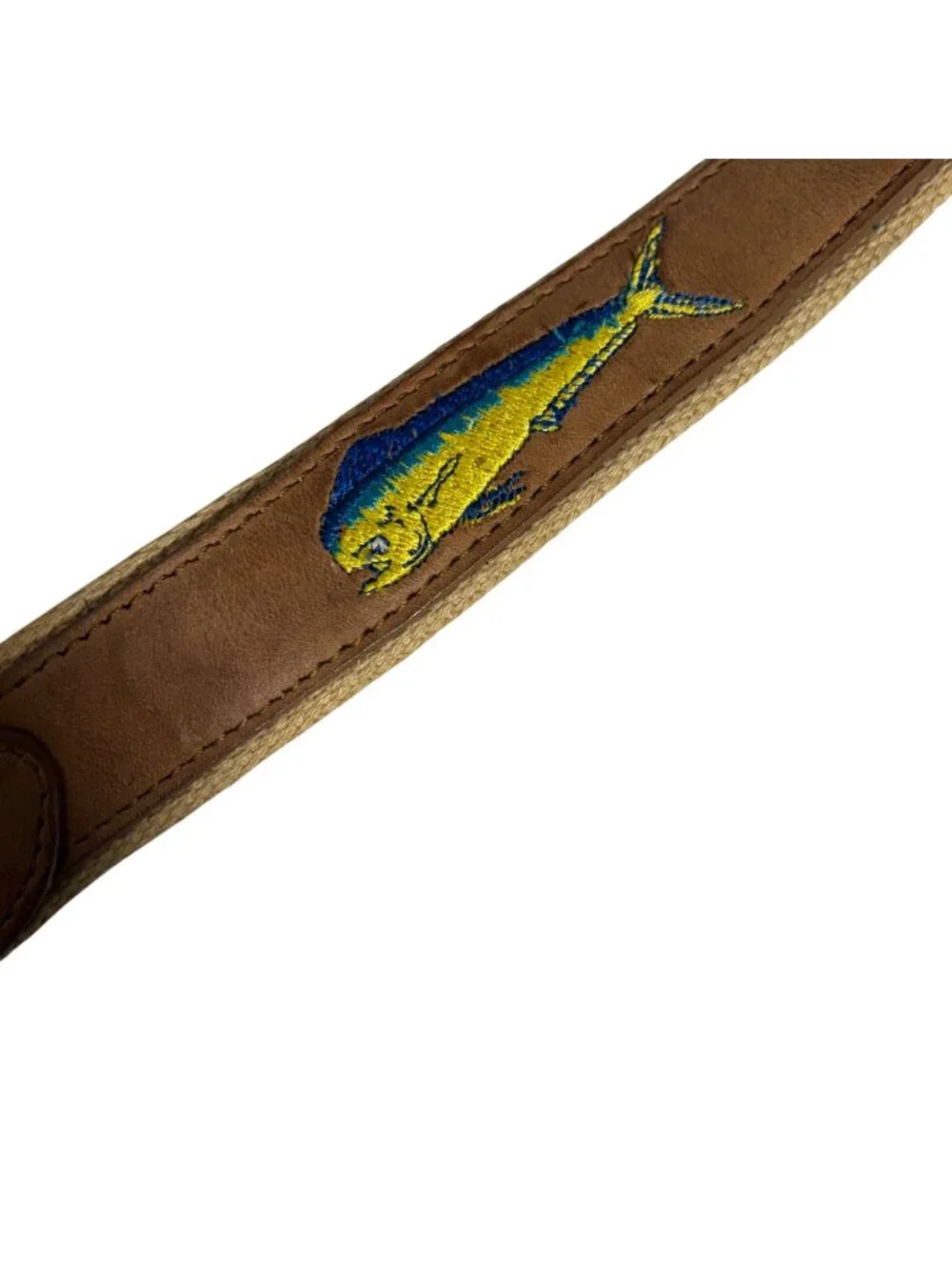 Guy Harvey Brown Leather Canvas Mahi Mahi Fish Belt Mens 32 Preppy Fishing